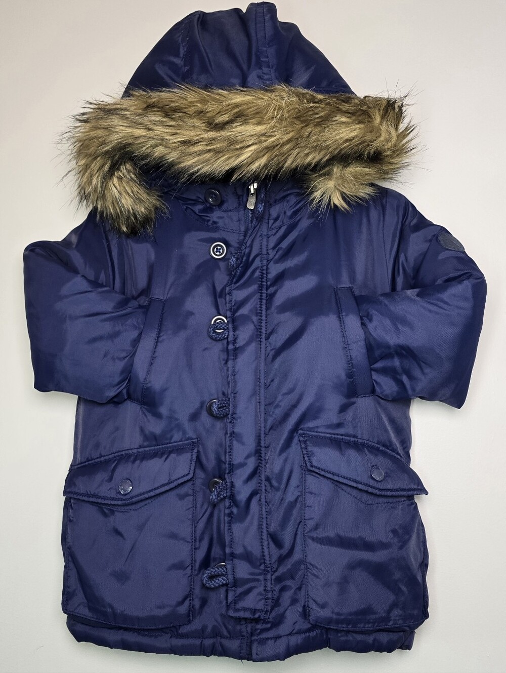 GAP Navy Hooded Puffer Coat with Faux Fur Trim